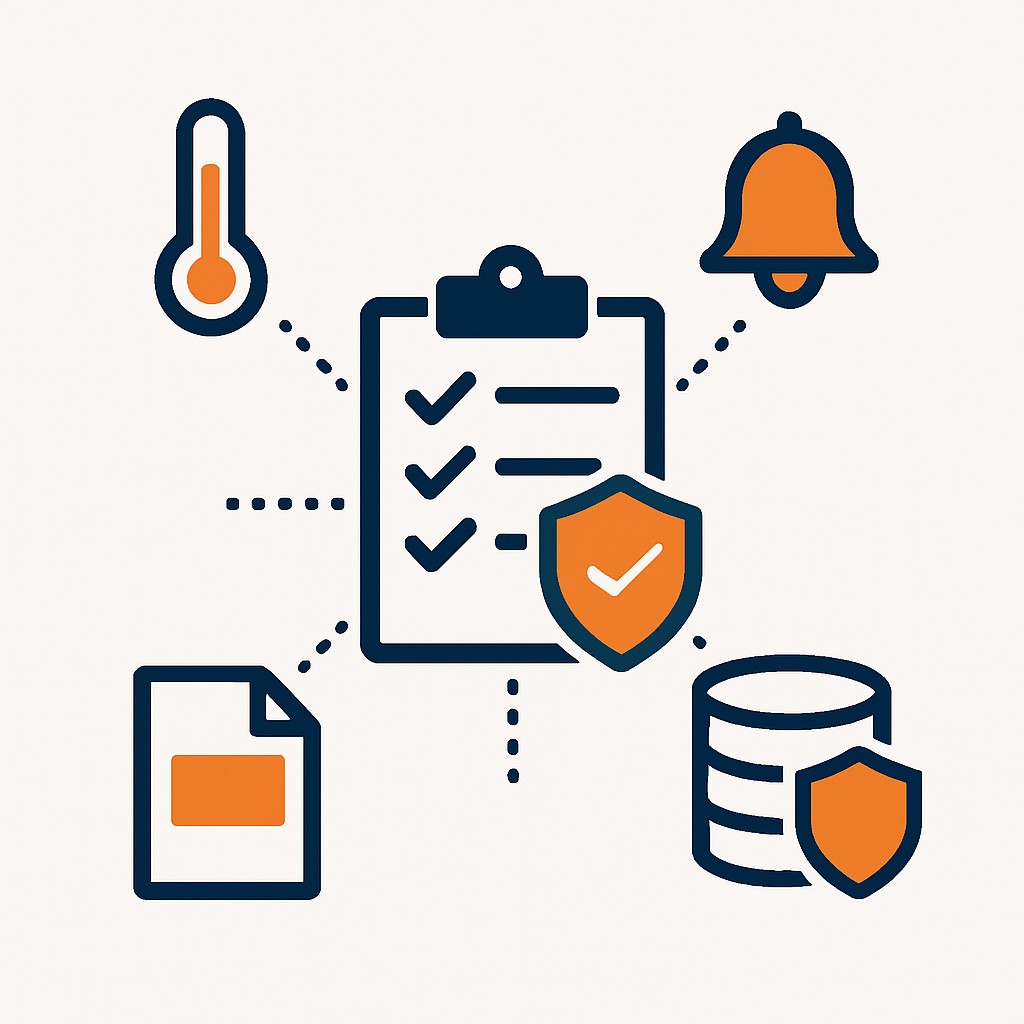 Illustration of a compliance checklist connected to a temperature alert, a notification bell, a document, and a secured database