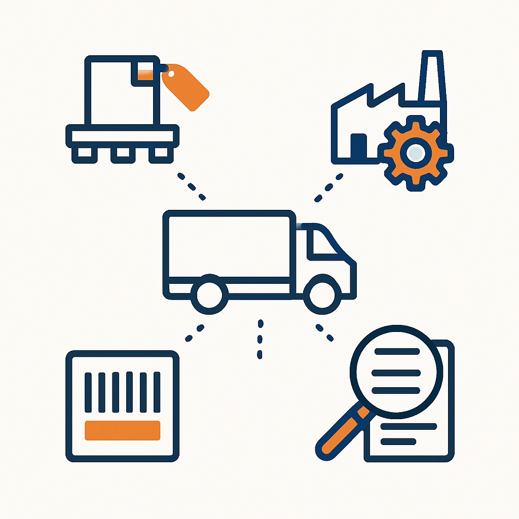 Illustration of a delivery truck connected to a tagged pallet, a production facility, a barcoded label, and a traced document
