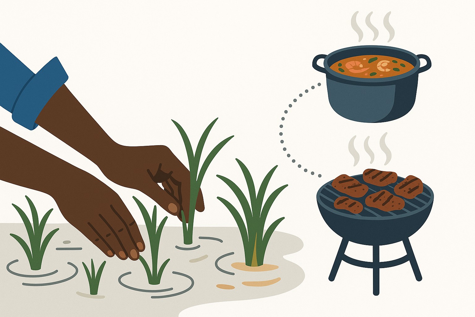 Illustration of a rice sheaf beside an okra pod