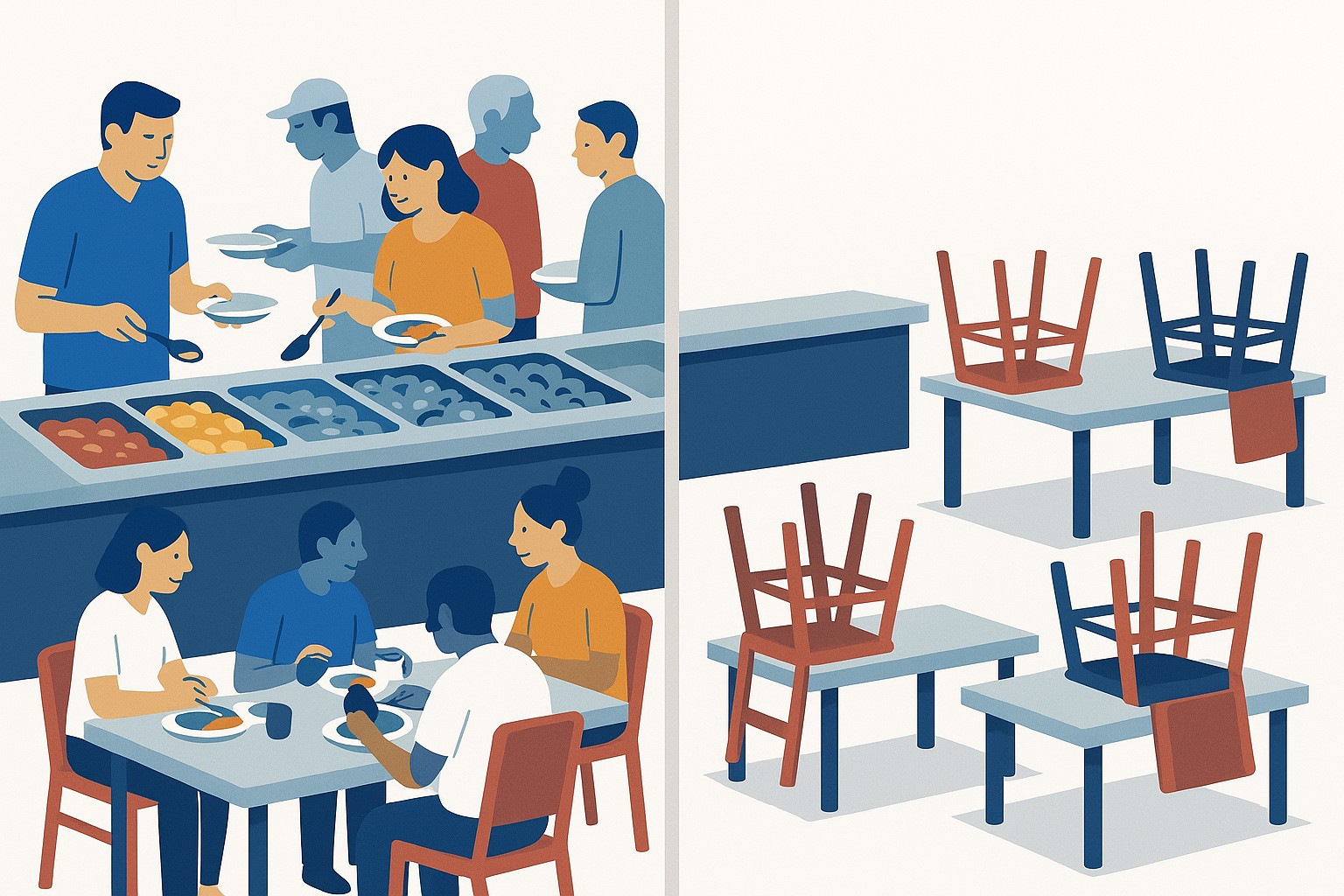 Flat illustration of a buffet tray with one line chart trending upward on the left and a different line chart trending downward on the right, representing the all-you-can-eat boom in one market and decline in another
