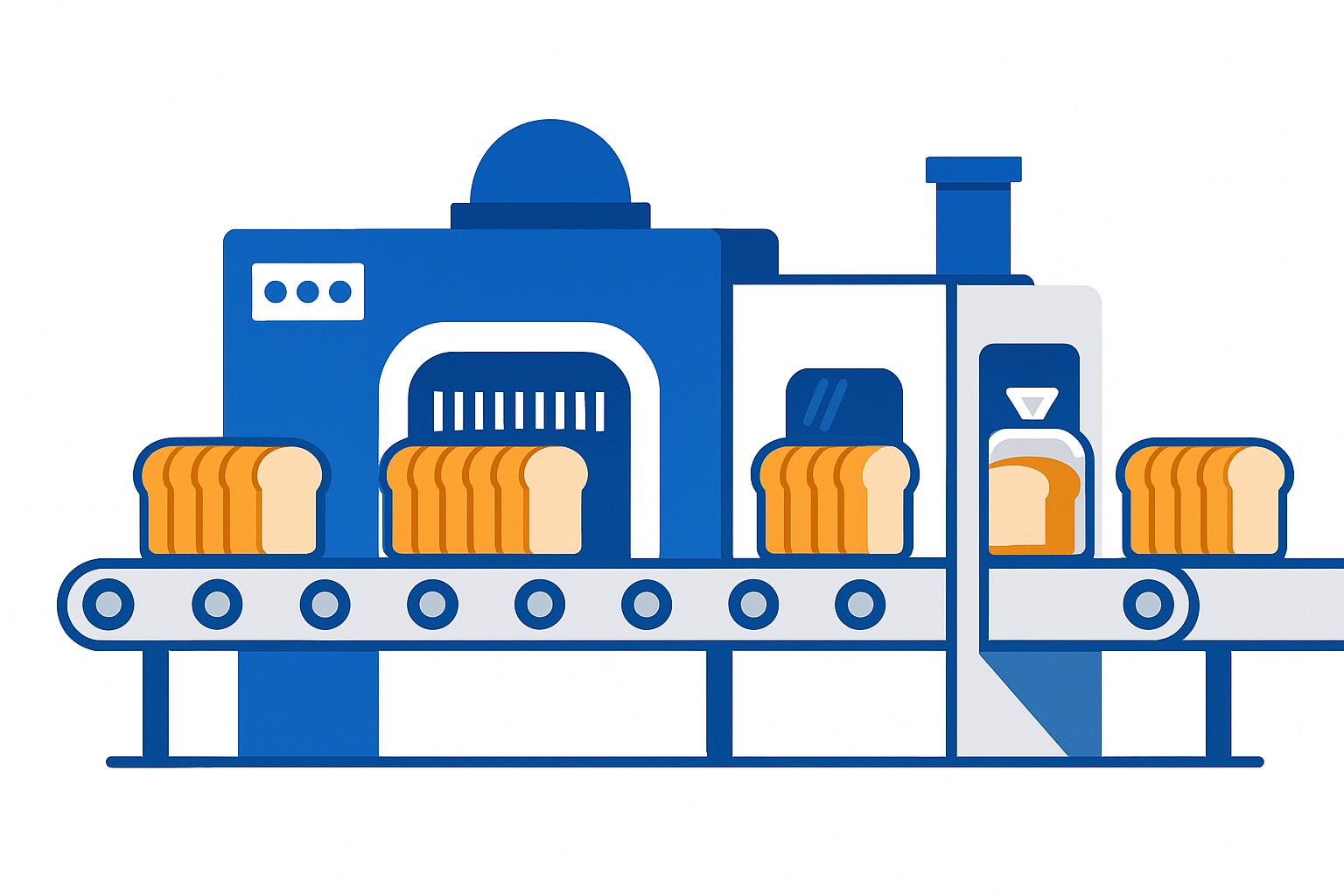 Illustration of a bread-slicing machine beside a wrapped loaf of sliced bread