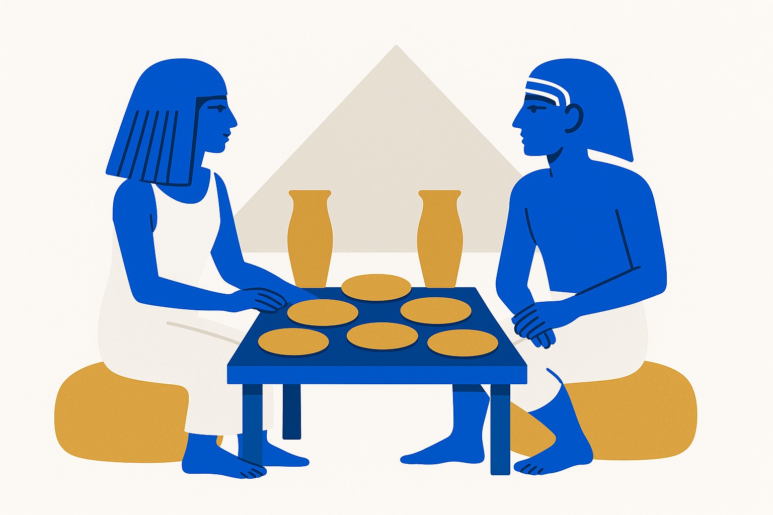 Illustration of a loaf of bread and a beer jar side by side with hieroglyph-style markings