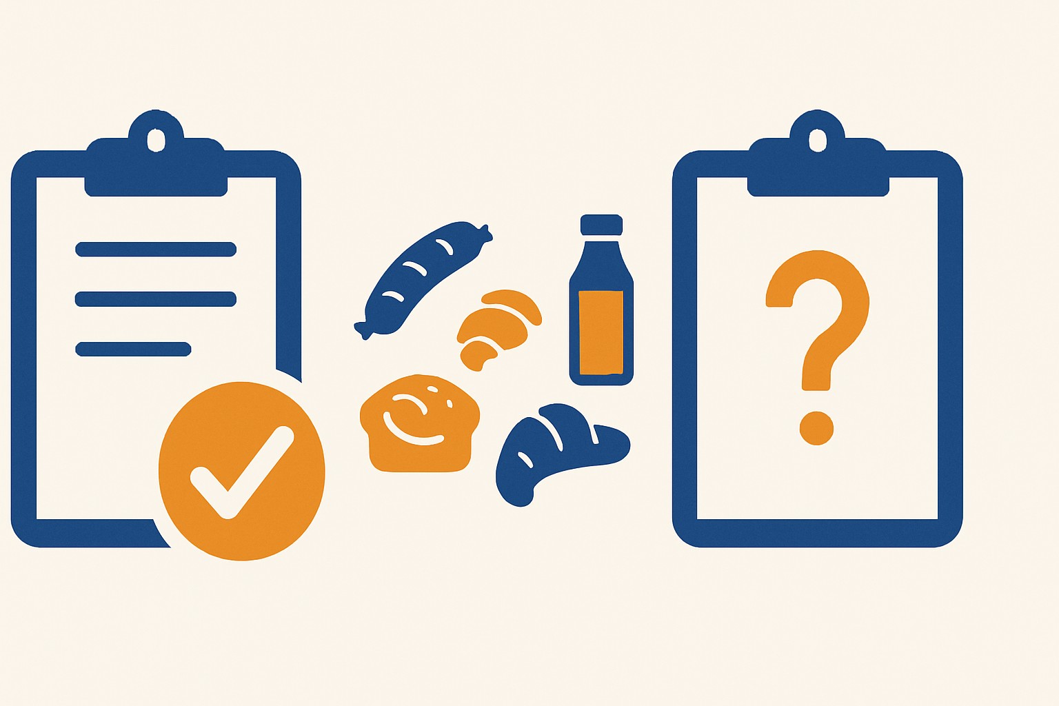 Illustrazione divisa in due parti con una scheda prodotto compilata con un segno di spunta accanto a una scheda vuota con un punto interrogativo, accanto a icone di pane, salsiccia, pasticceria e una bottiglia di succo, a mostrare che i fornitori artigianali spesso non possono fornire la stessa documentazione di quelli industriali