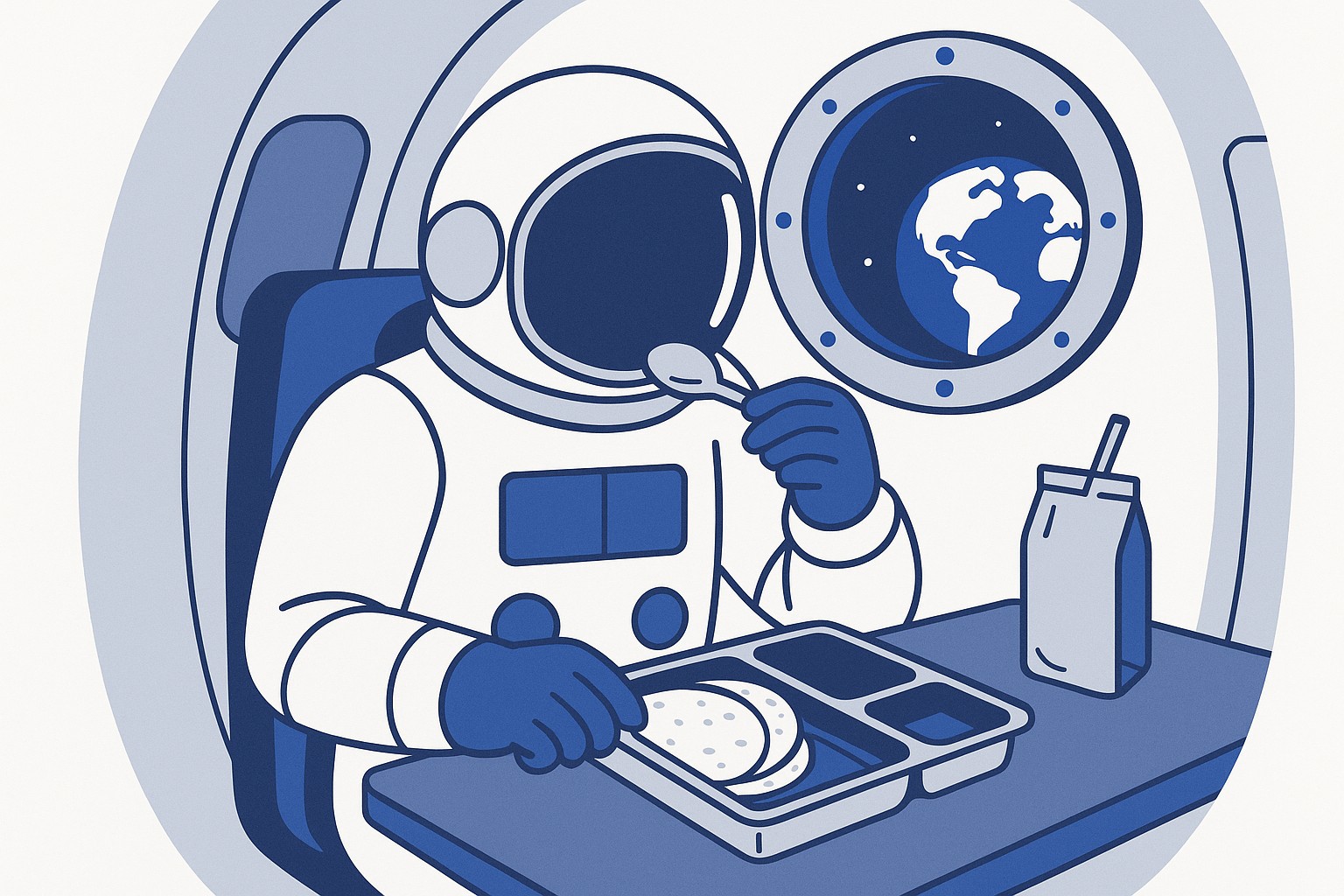 Illustration of a food pouch and a tortilla floating near a rocket, with a small plant growing under a grow light, symbolising the evolution of space food from tubes to fresh crops