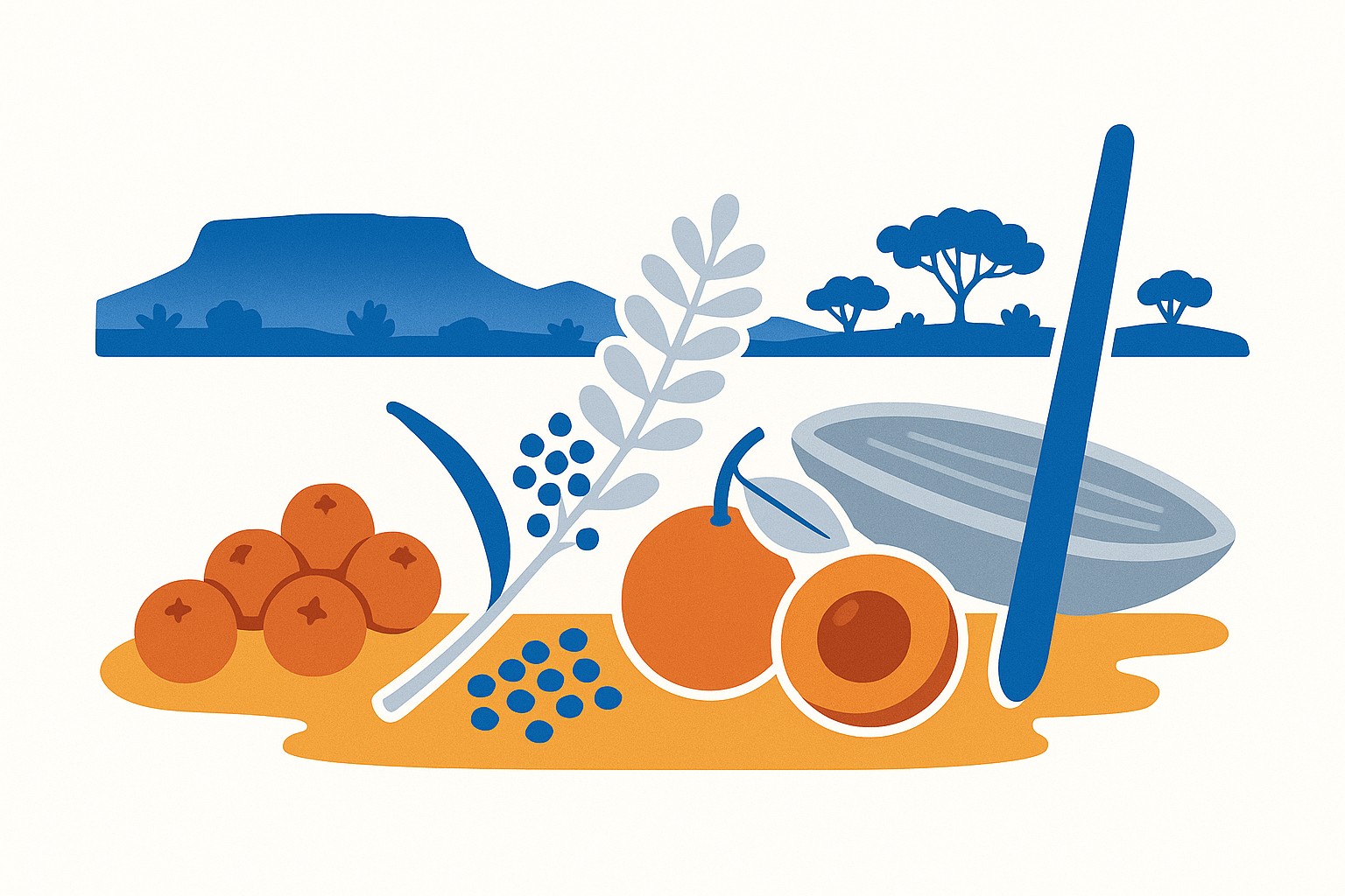 Illustration of native Australian bush plants beside a ration sack outline