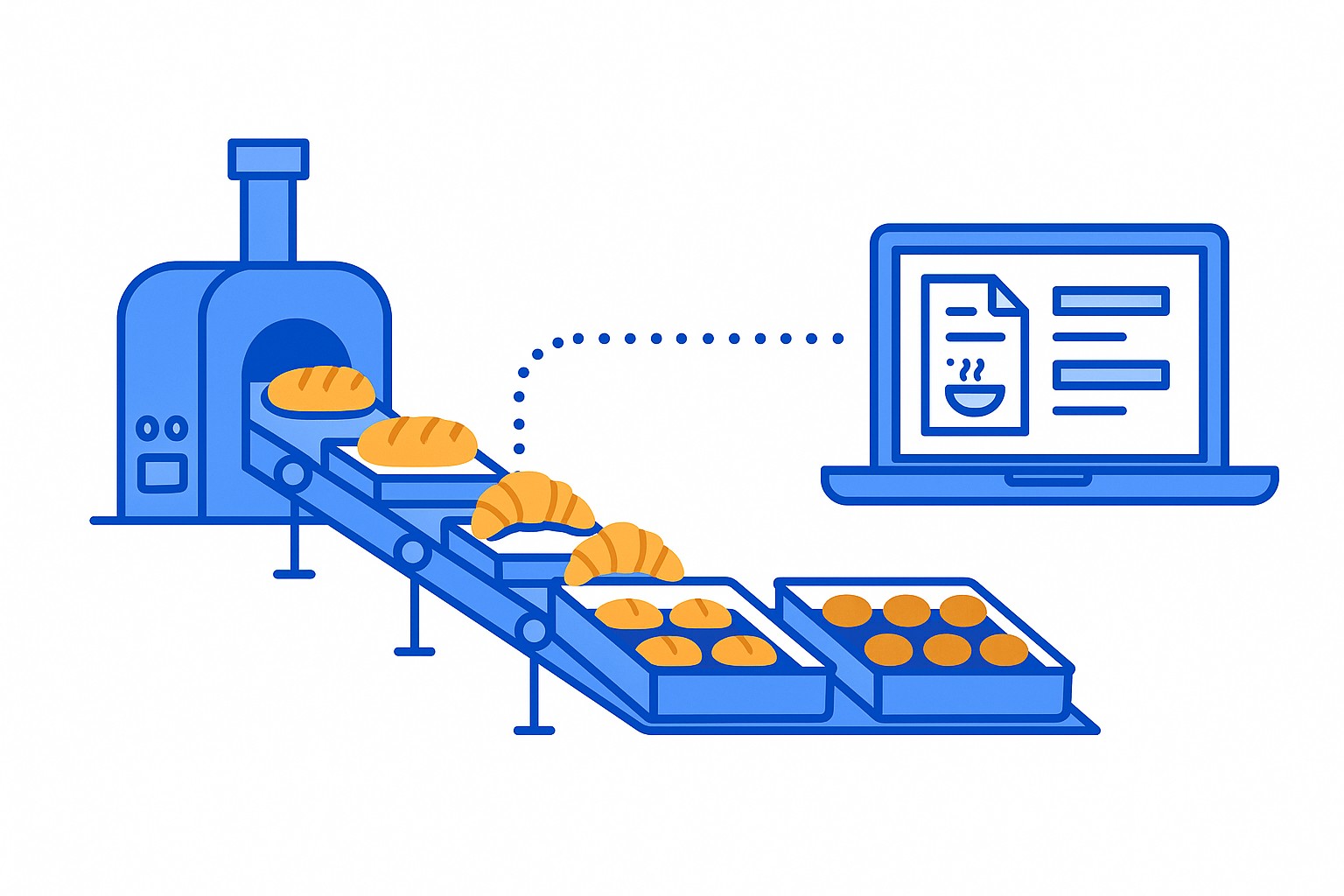 A production plant connected by an arrow through a database icon to a retail storefront, symbolising a manufacturing plant supplying stores across a border