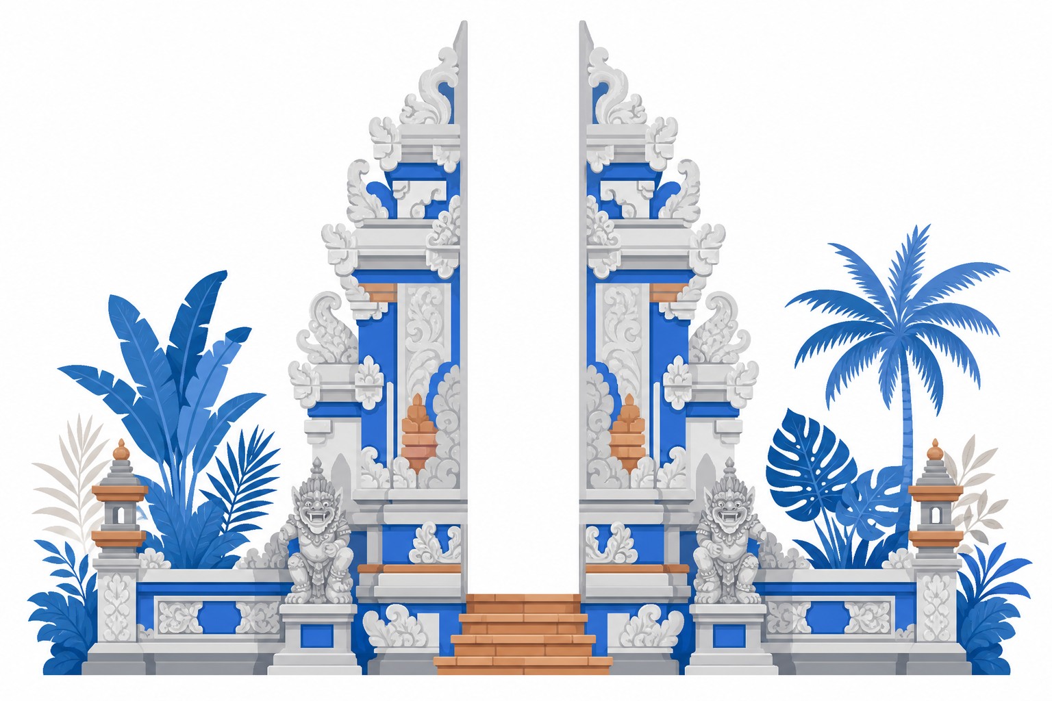 An ornate Balinese Hindu temple split gateway with stone carving, surrounded by tropical plants