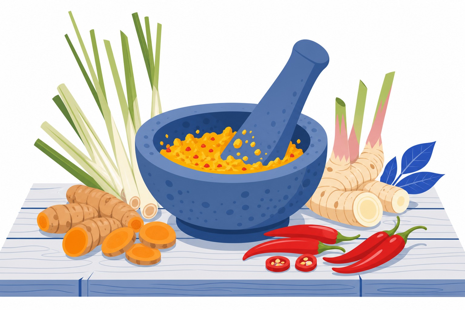 A mortar and pestle grinding fresh turmeric, galangal, lemongrass and red chilies into a spice paste