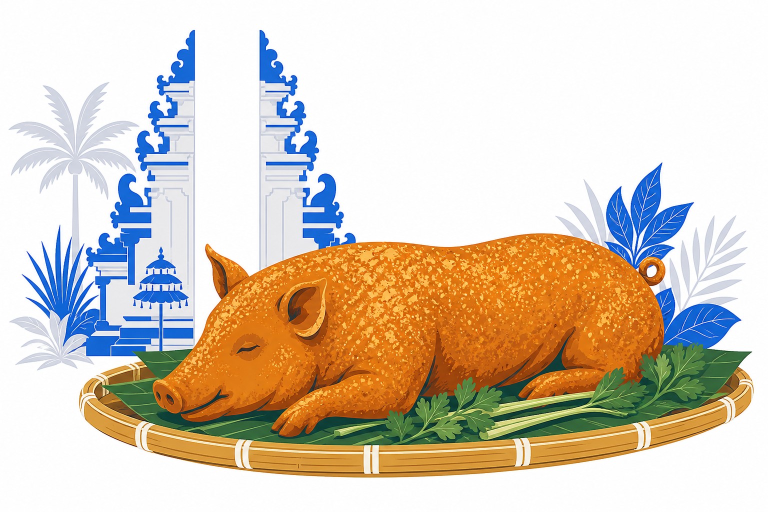 Illustration of a whole roasted Balinese suckling pig beside a Hindu temple gate