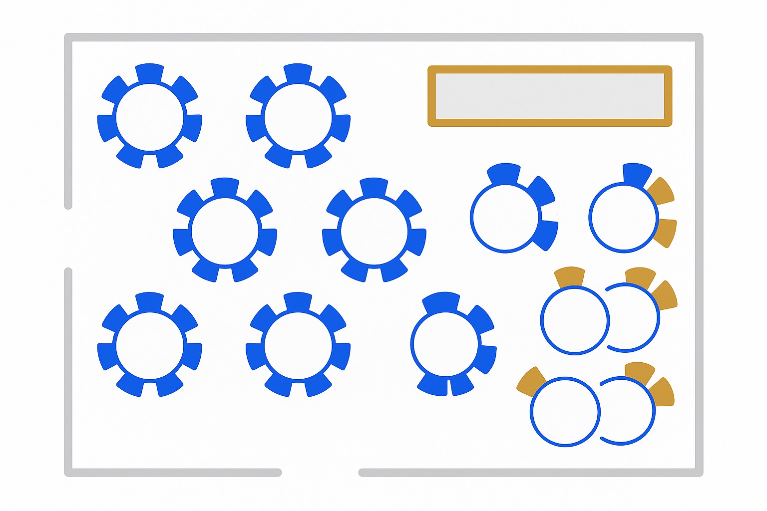 Top-down diagrams of banquet room layouts: round table, U-shape, theatre rows and a buffet line with electronic labels