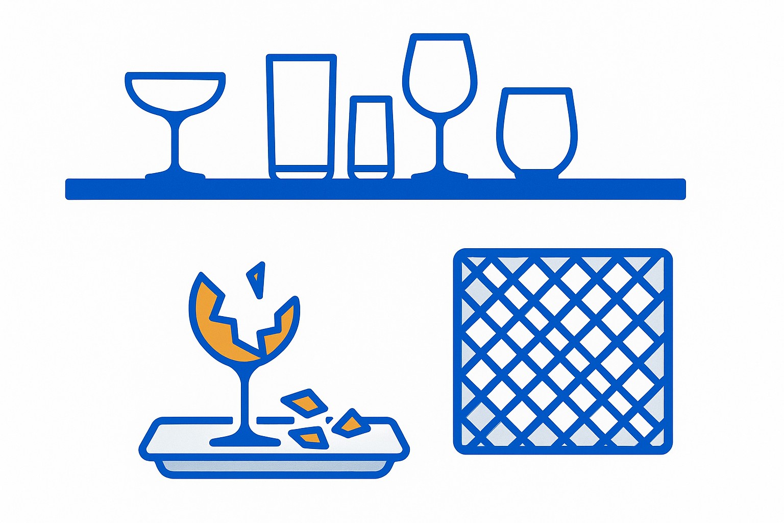 Illustration of assorted bar glassware — highball, coupe, wine glass, pint glass — arranged beside a breakage percentage chart