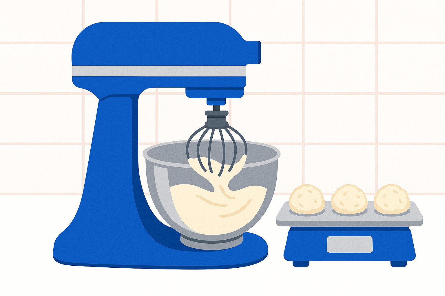 SVG illustration of a stainless steel planetary mixer beside a digital recipe card showing consistent batch yield metrics and cost indicators