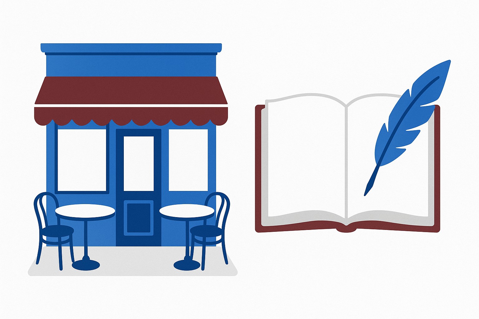 Illustration of a small café storefront sign with a speech bubble and a question mark