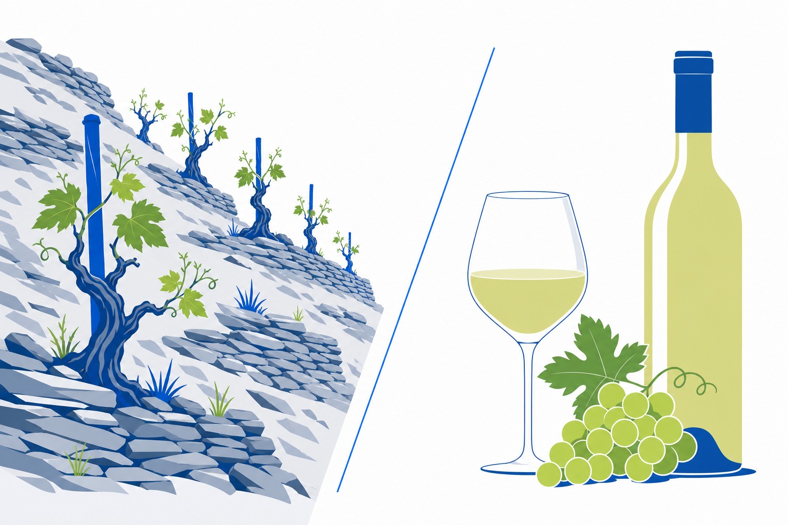 Illustratie met aan de ene kant een sober terras met oude wijnstokken en aan de andere kant een fles en een glas witte wijn met druiven