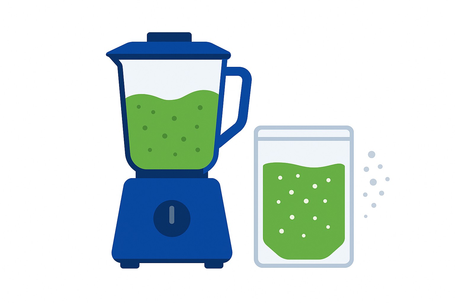 Illustration of a sous vide blender beside IDDSI purée portions in a care kitchen, with a cost graph showing reduced waste