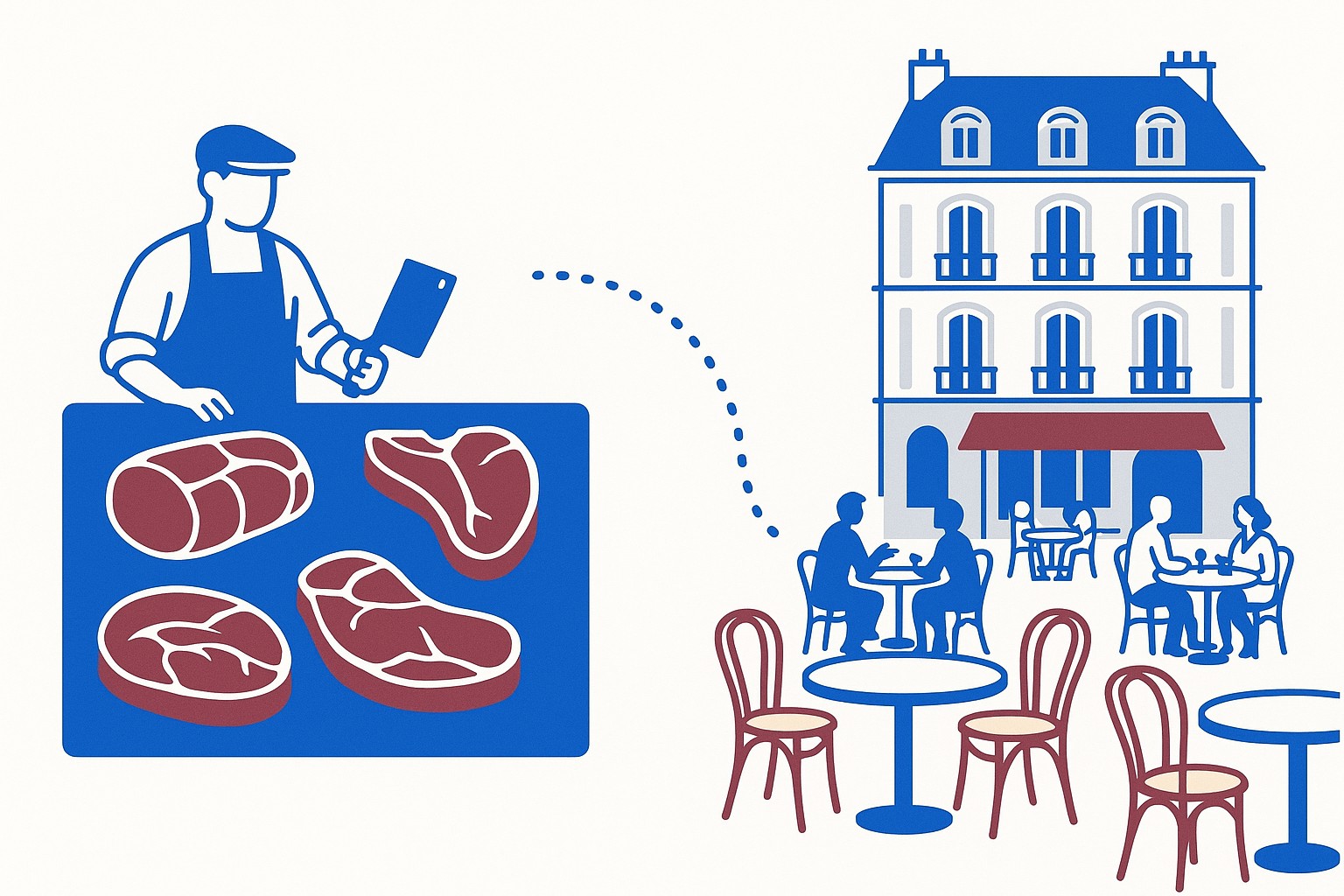 Illustration of a steaming soup tureen beside a row of small identical restaurant storefronts