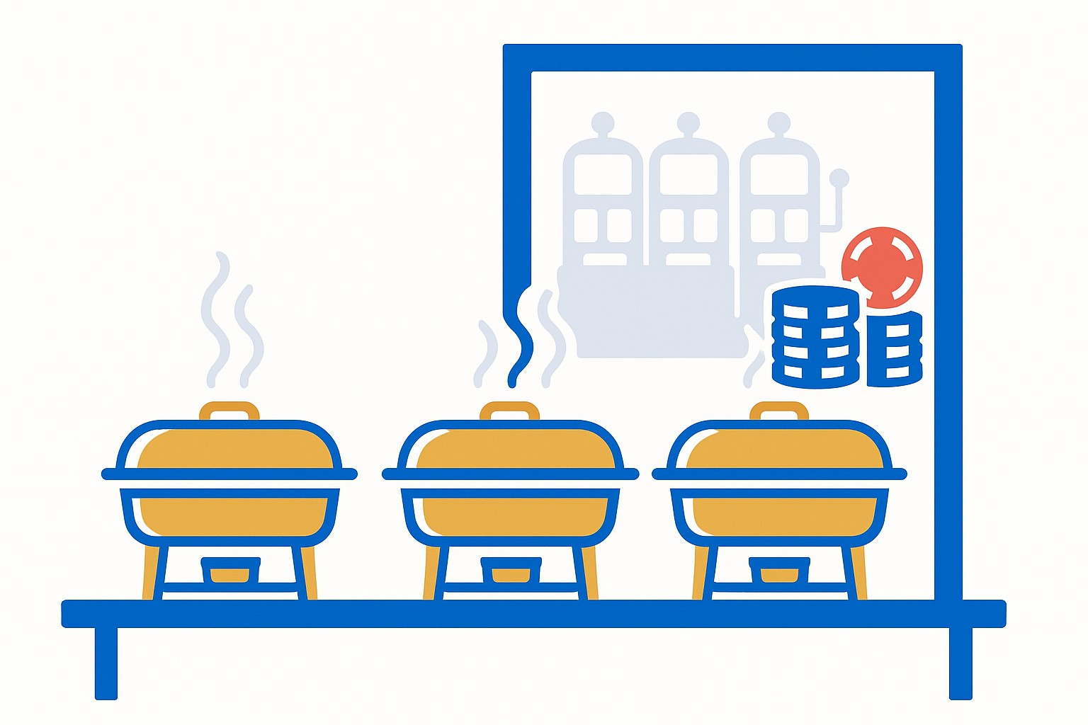 Flat illustration of a buffet table with three domed chafing dishes under a rising sun, with a small pair of dice beside it as a nod to the Las Vegas origin of the modern buffet