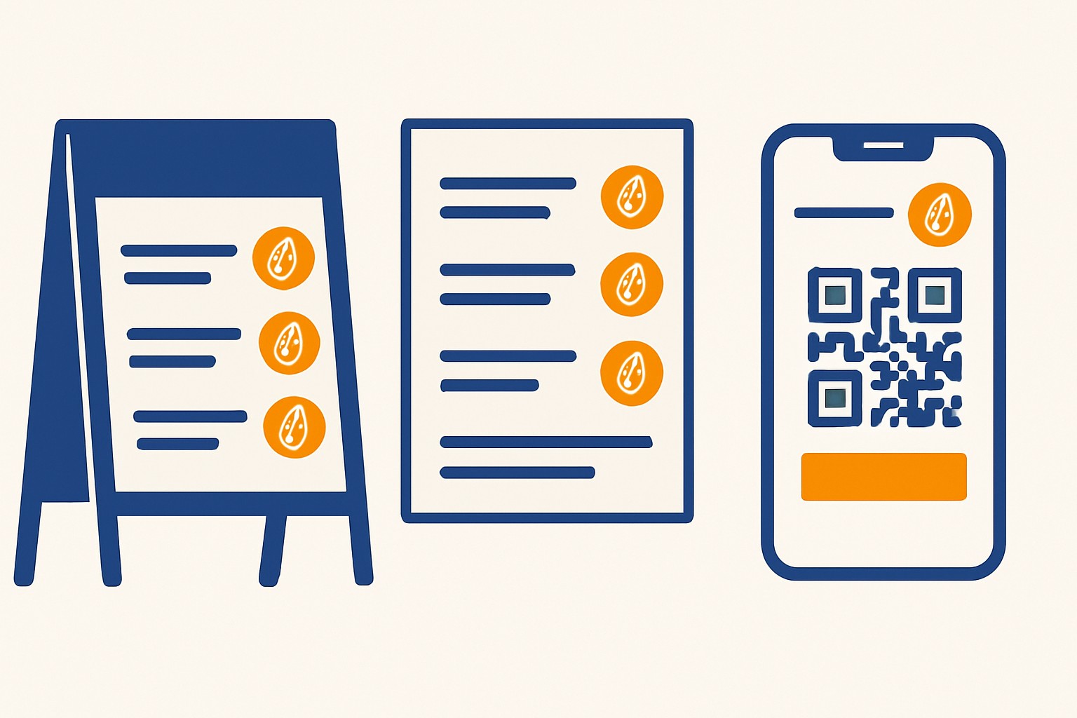 Eine Restaurant-Menütafel, eine gedruckte Speisekarte und ein Telefon mit einem QR-Code-Bestellbildschirm, jeweils mit einem kleinen Allergensymbol neben einem Menüpunkt