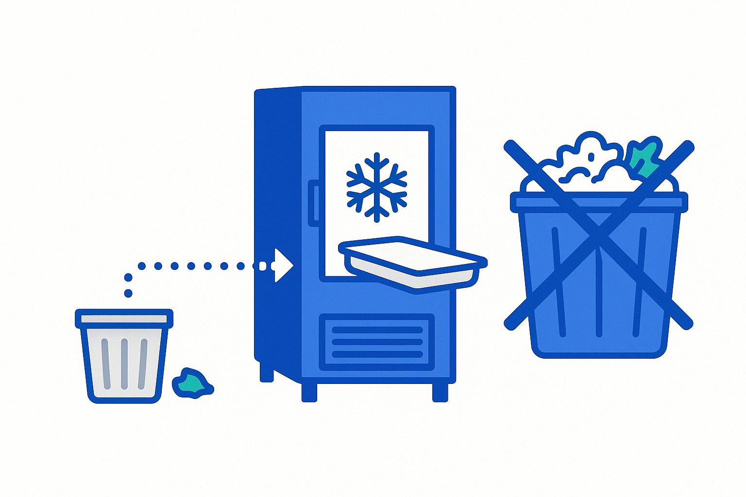 SVG illustration of a commercial blast chiller unit in a hospital central kitchen, with temperature graphs and cost-saving indicators overlaid