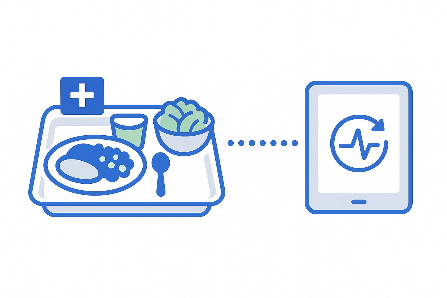Illustration of a hospital kitchen dashboard showing a real-time patient diet update alert connected to a meal production workflow