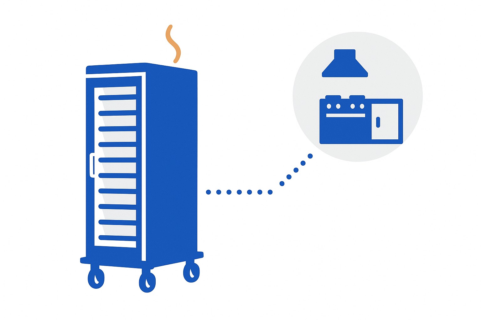 SVG illustration of a stainless-steel rethermalization cart in a hospital kitchen corridor, with cold-chain workflow icons and a central kitchen producing meals for multiple care units