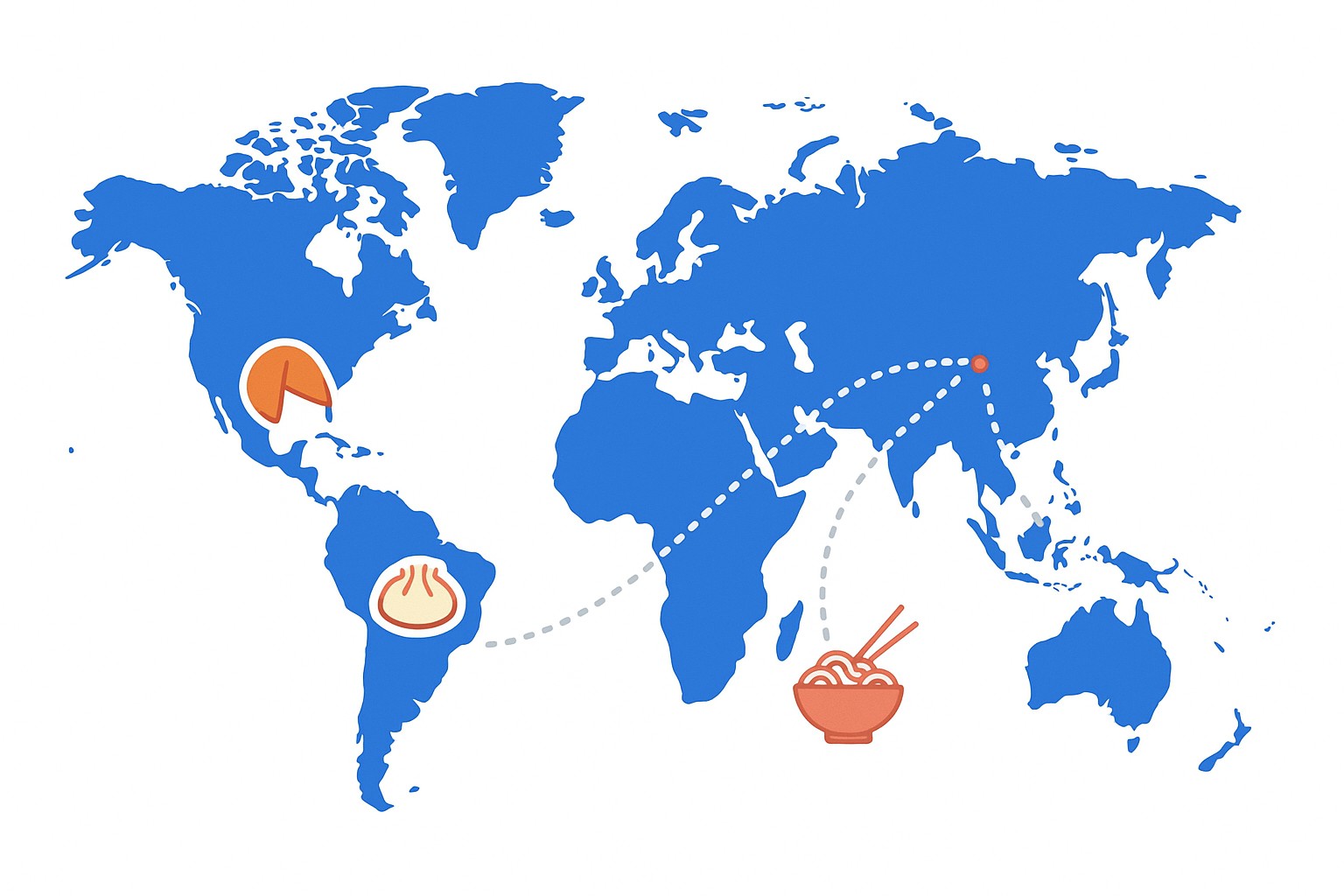 Illustration of a world map outline with several small dumpling and noodle icons scattered across it