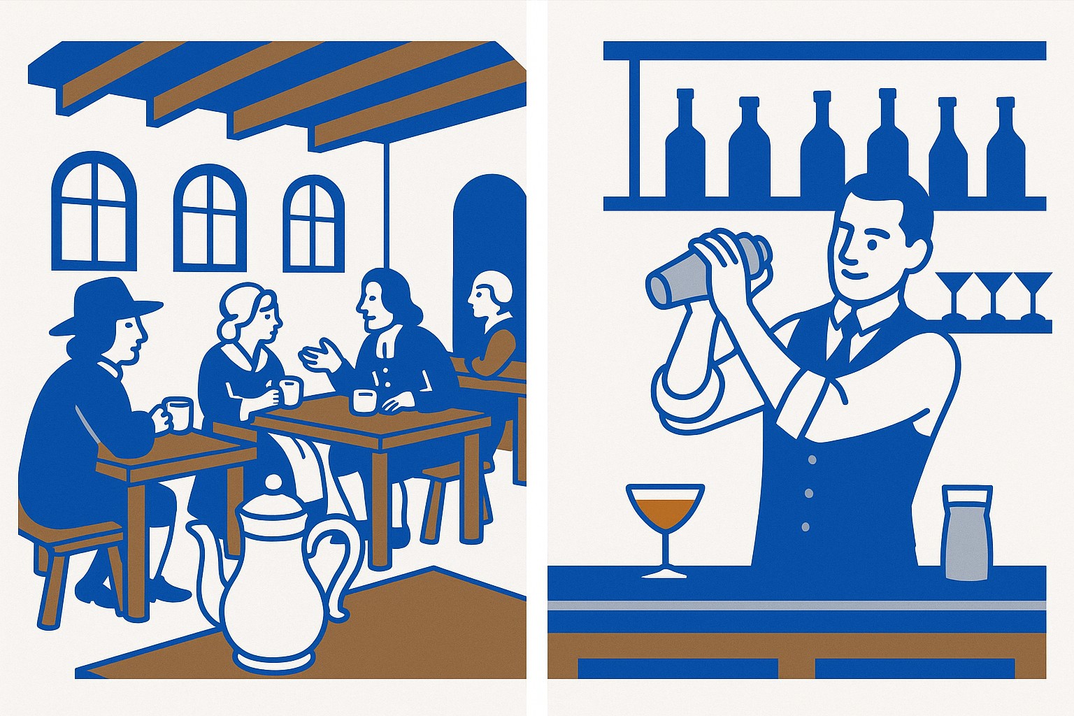 Illustration of a coffee cup and a cocktail glass side by side on a bar counter