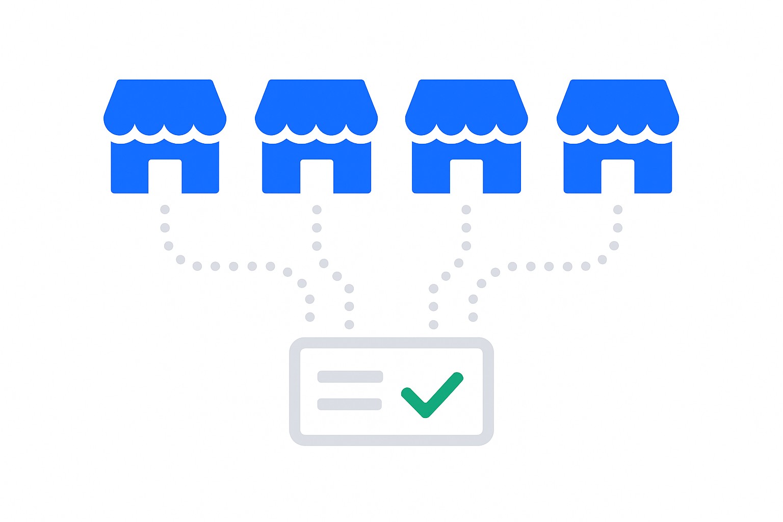 Illustration of multiple connected facility buildings sharing a single unified dashboard with synchronized data streams and consistent metrics across all sites