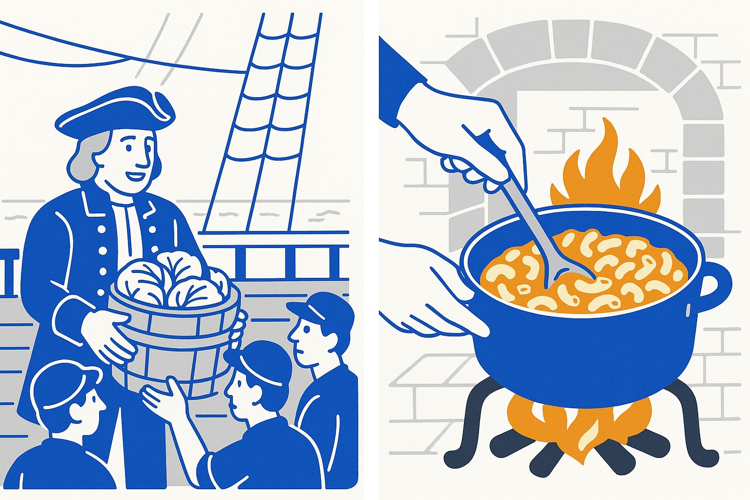 Illustration of a ship's wheel, a pasta extruder, and a chef's toque arranged in a row