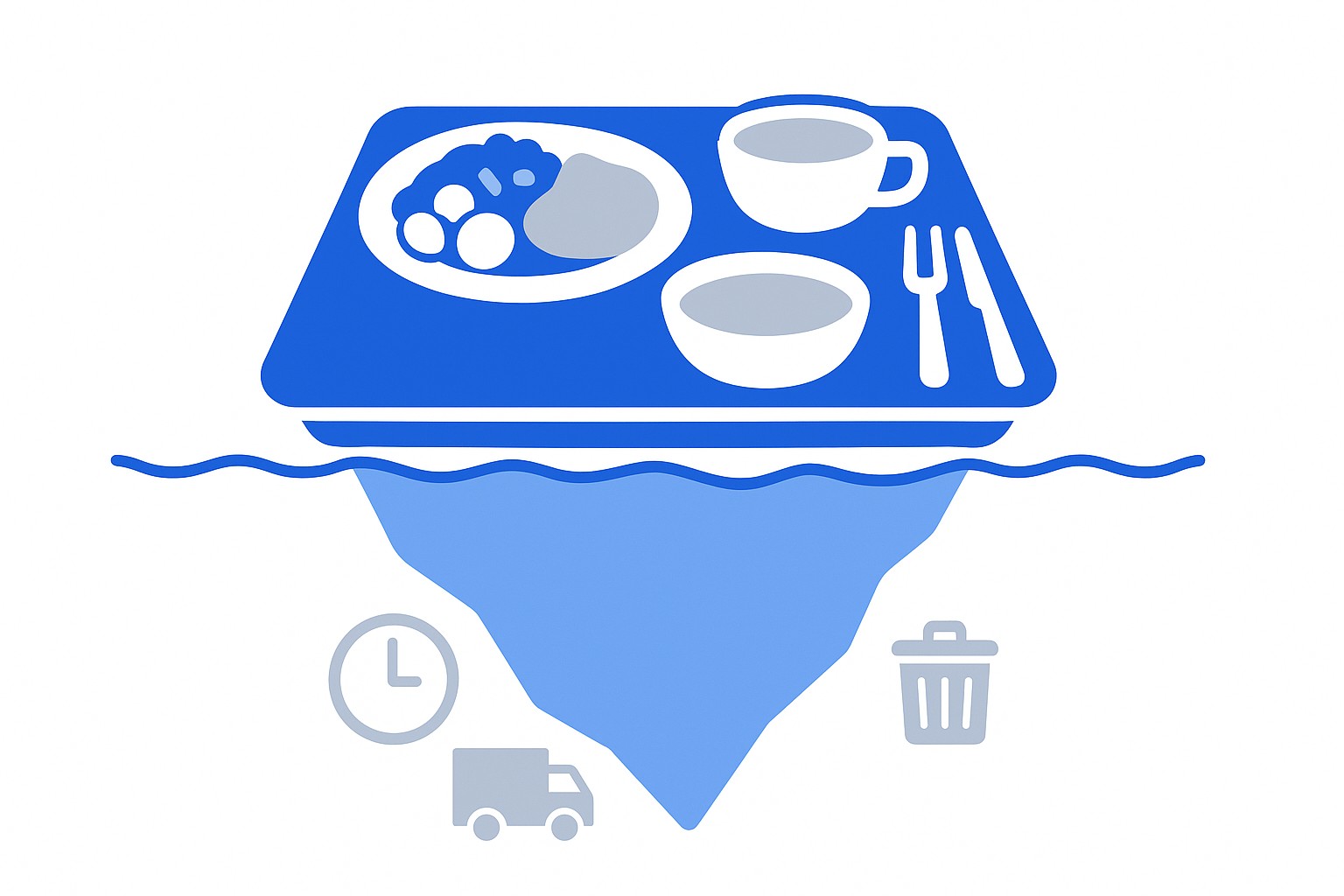 An illustrated breakdown of a hospital meal tray with cost labels pointing to ingredients, labor, waste, and compliance elements, rendered in a clean Swiss design style