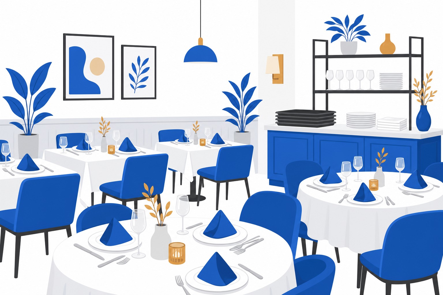 Ein gedeckter Restaurantsaal mit Tellern, Servietten und Besteck auf den Tischen sowie einem Servicetresen im Hintergrund