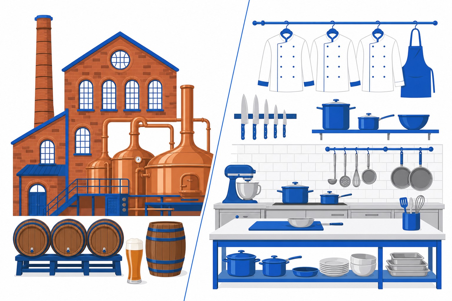 Illustration, die eine historische Brauereibrauerei und eine professionelle Lehrküche zeigt