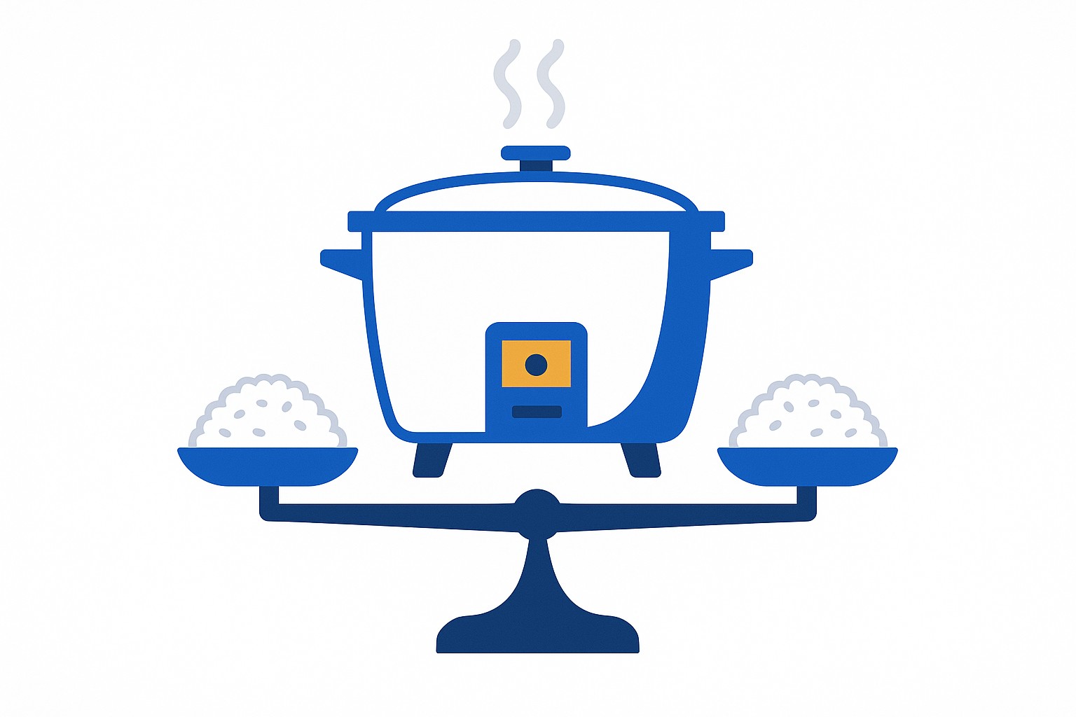 SVG illustration of a large stainless steel institutional rice cooker with yield percentage indicators and cost-per-portion data overlaid, set in a professional hospital kitchen environment