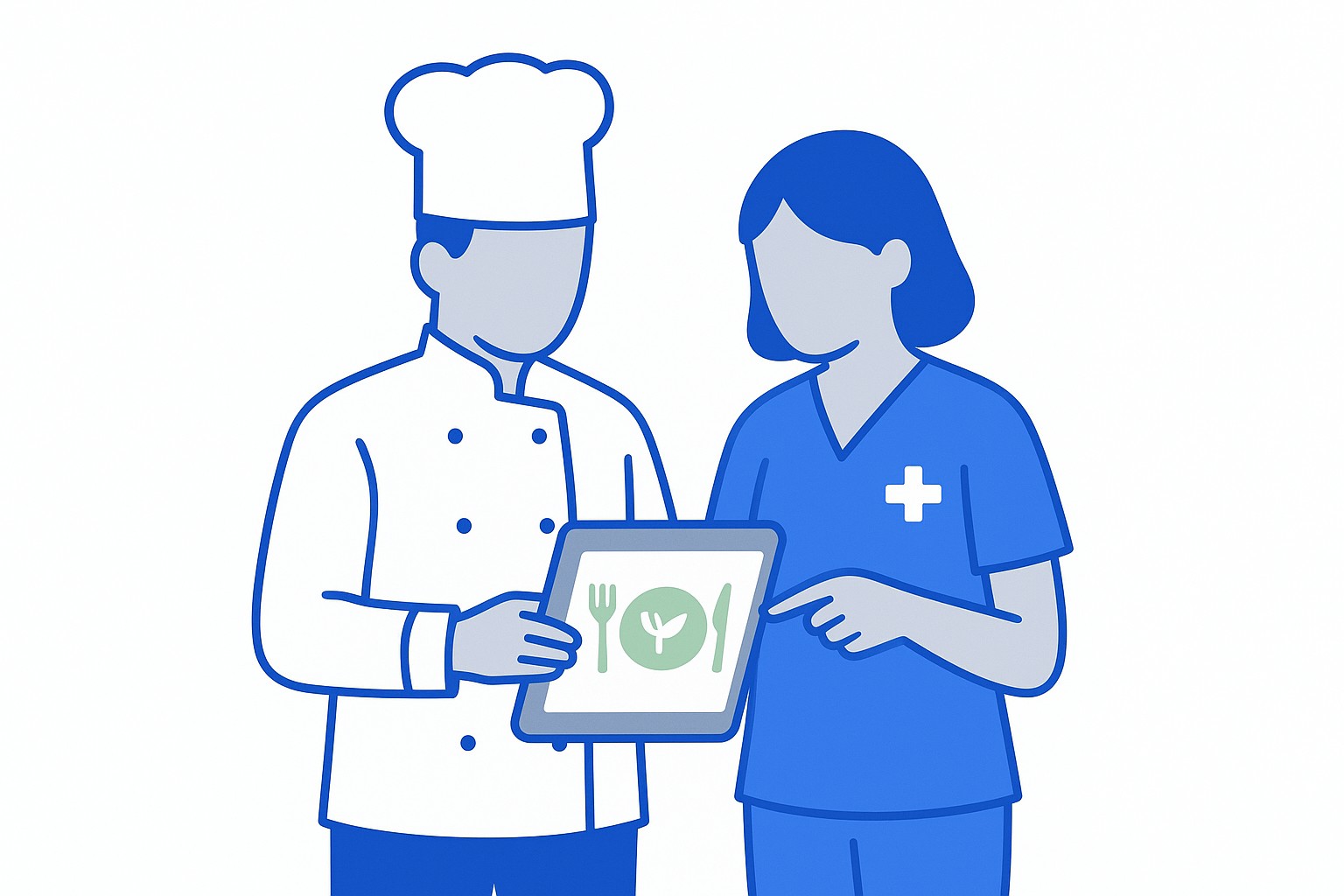 Illustration of a hospital kitchen and a clinical care ward connected by a digital workflow, with dietary profiles and meal trays flowing between them
