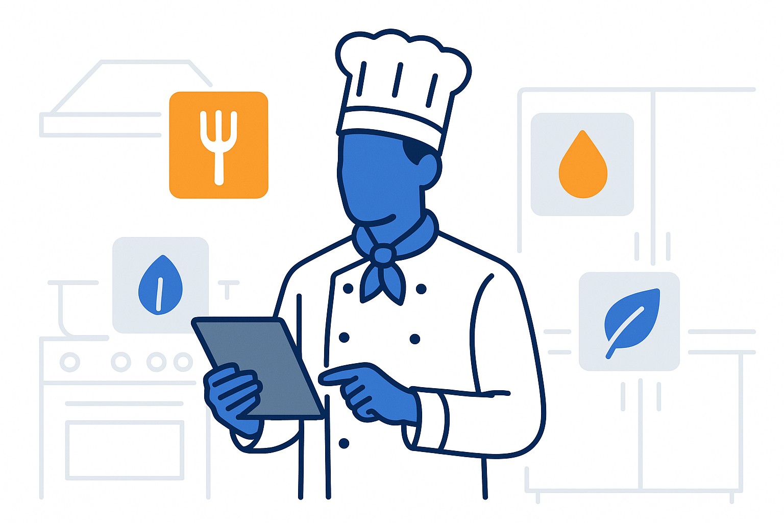 Illustration of a head chef in a care facility kitchen reviewing a digital recipe on a tablet, with meal trays and a hospital corridor visible in the background