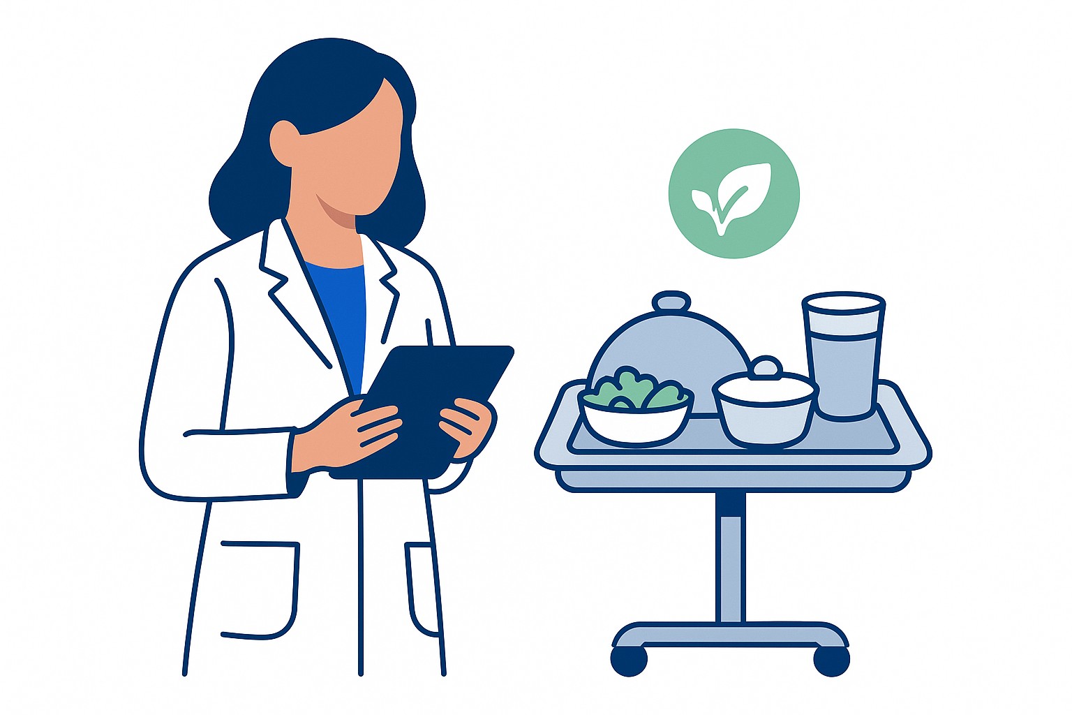 SVG illustration of a female dietitian in a hospital setting reviewing a digital meal plan on a tablet, surrounded by icons representing allergens, nutrition labels, and patient dietary profiles