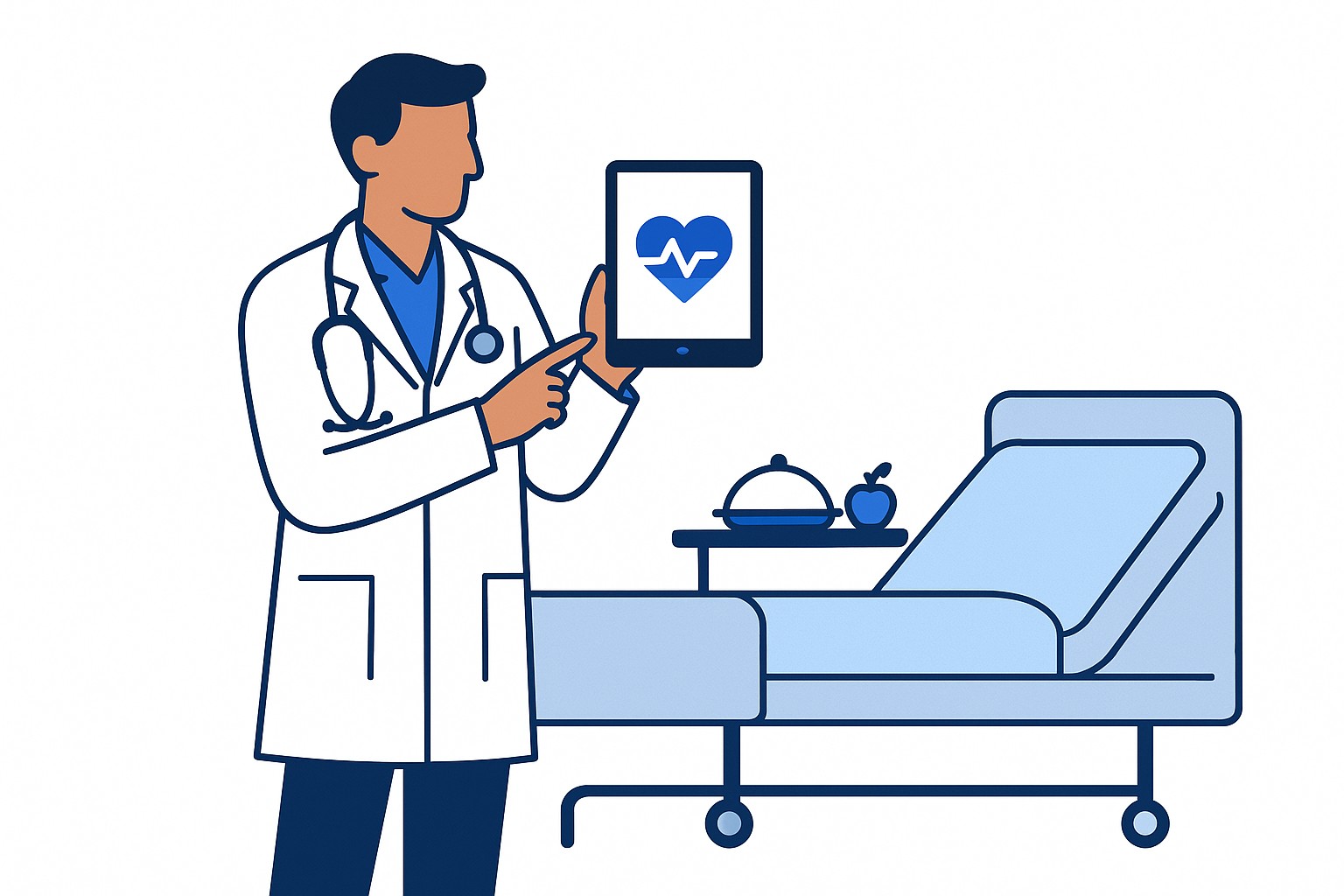 SVG illustration of a hospital doctor reviewing a patient dietary profile on a tablet, with meal trays and a digital dashboard in the background