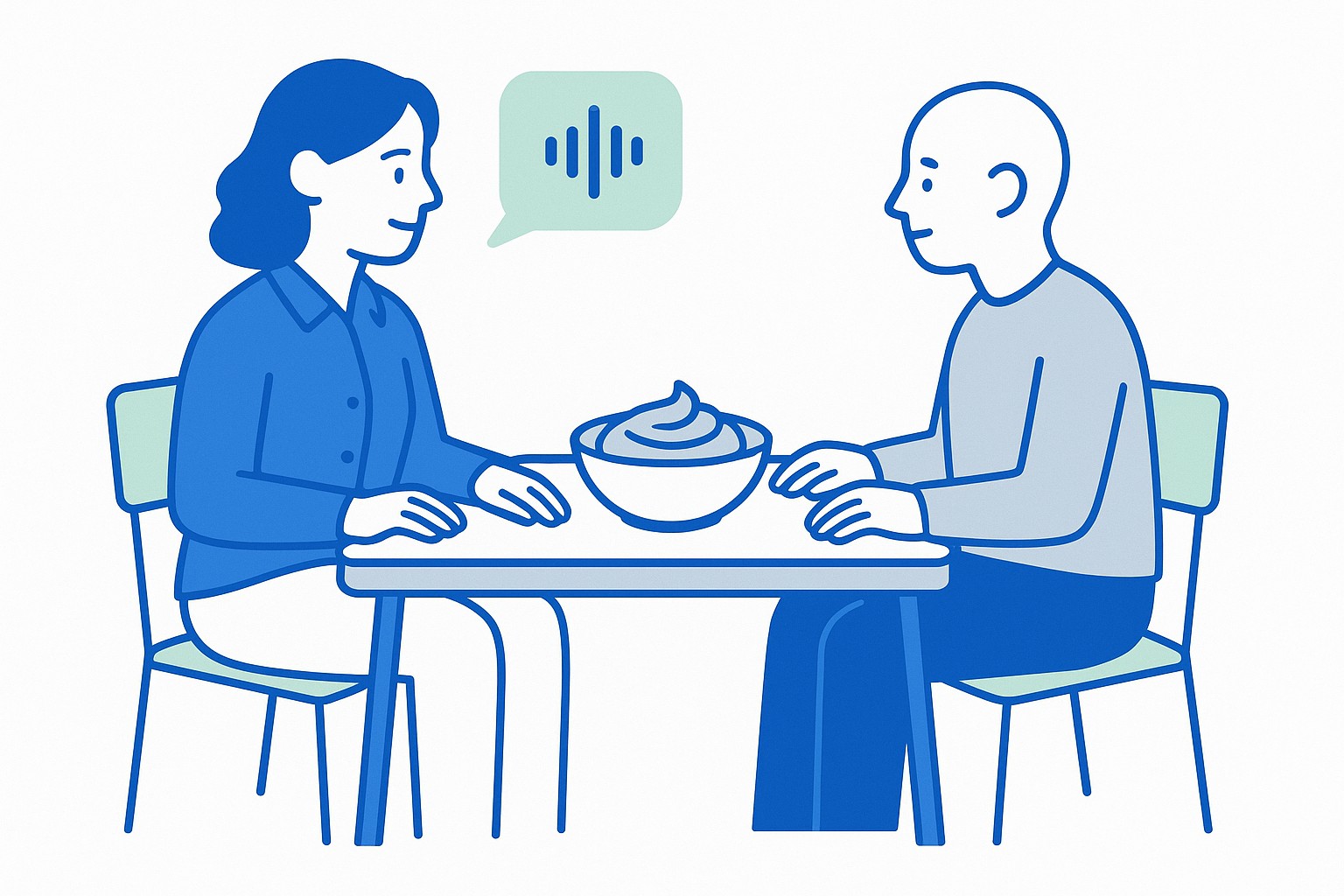 SVG illustration of a speech therapist consulting with a patient in a hospital dining room, with a digital tablet displaying texture-coded meal options