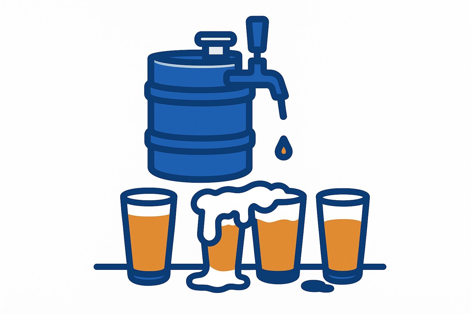 A pint glass being poured from a tap with excess foam overflowing into a drip tray, next to a keg-to-pint yield diagram