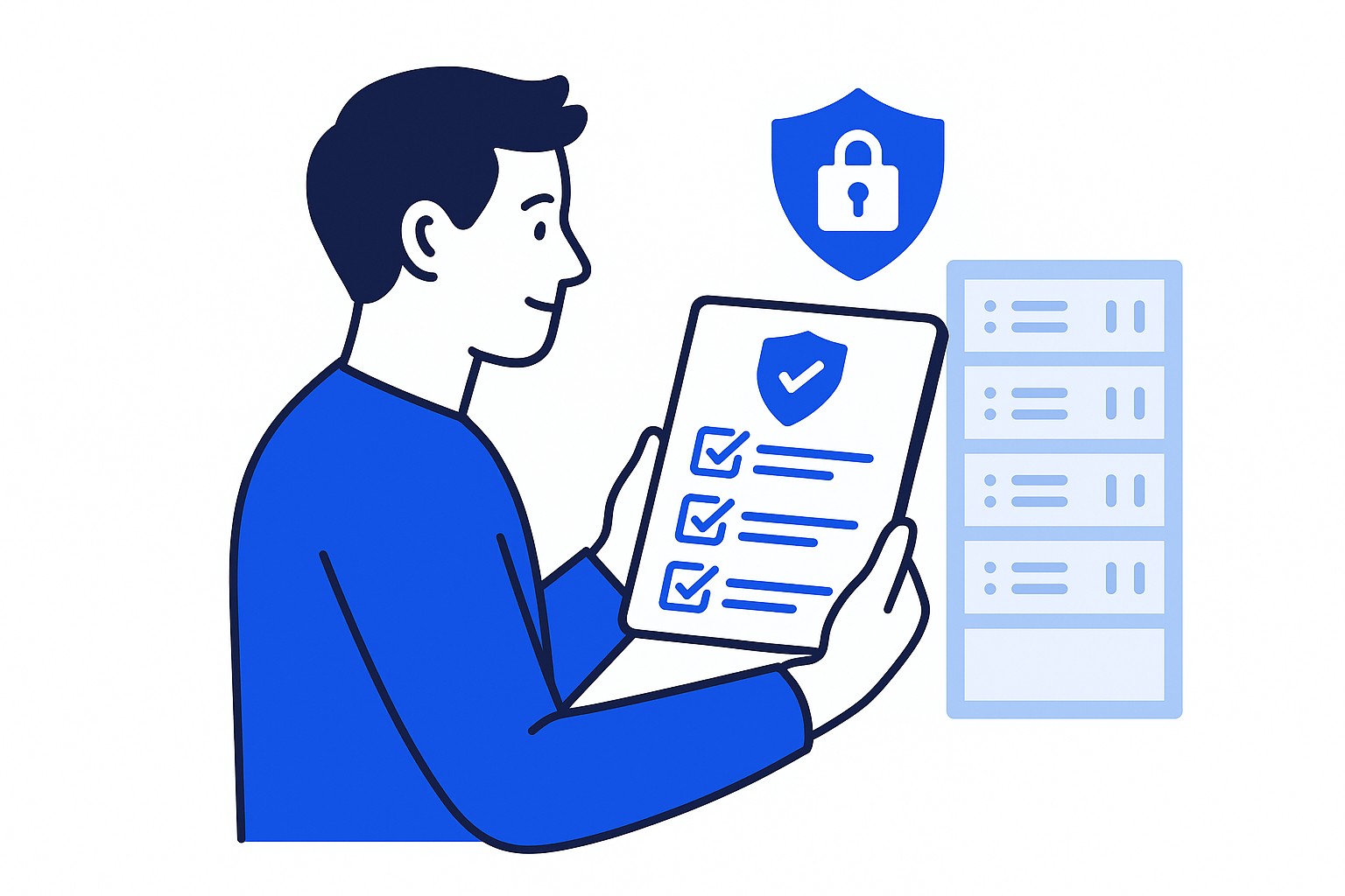Illustration of a secure control screen with a green shield and servers, symbolising IT evaluation of software