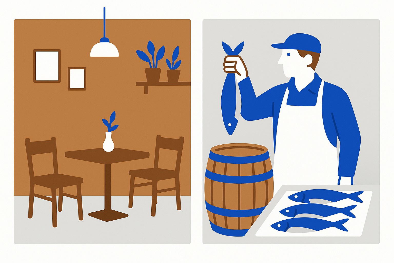 Illustration of a small wood-paneled café interior beside a herring on a cart stand