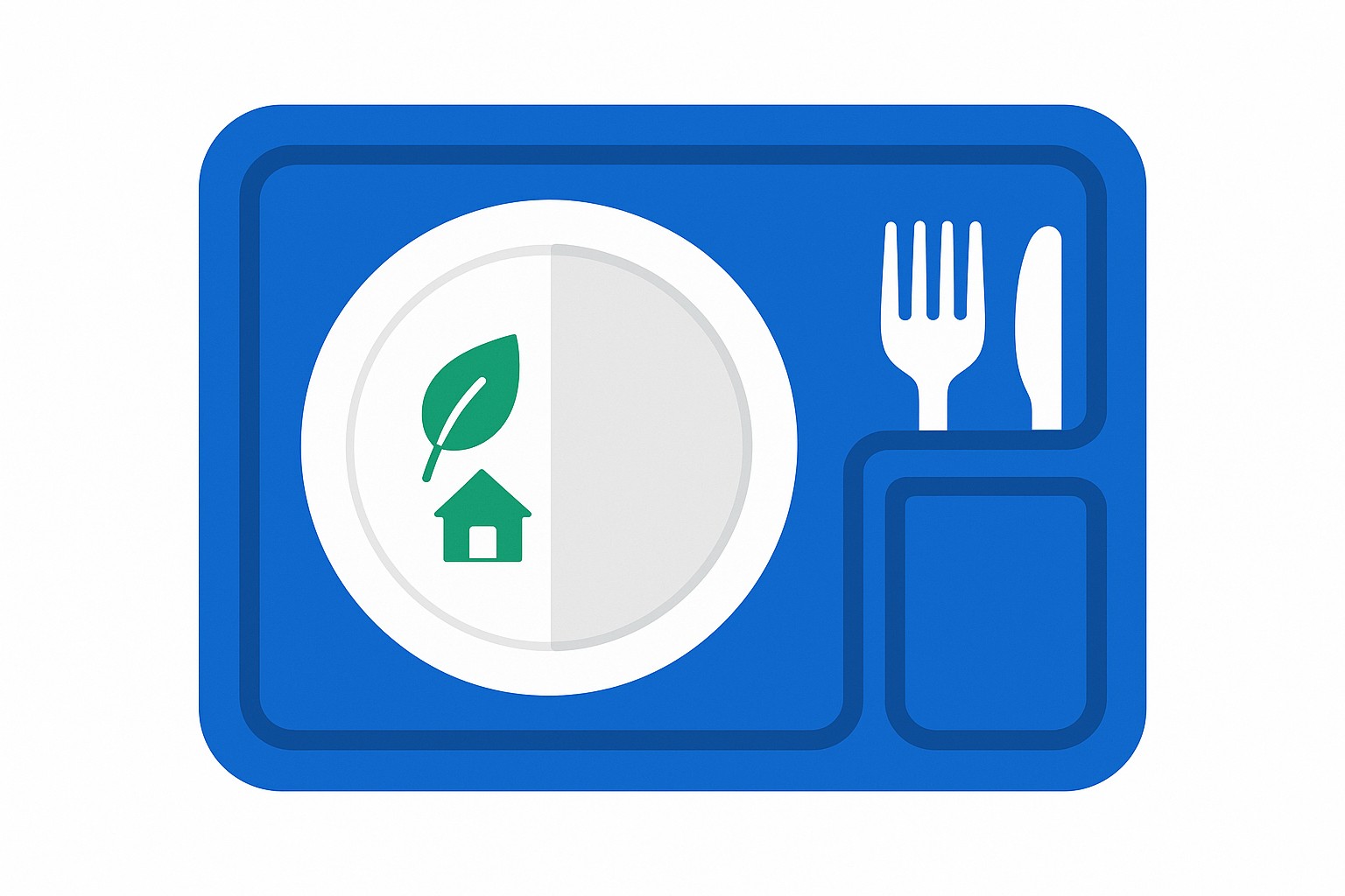 Illustration of a hospital cafeteria kitchen with sustainable ingredient sourcing indicators, charts showing procurement percentages, and digital recipe management screens