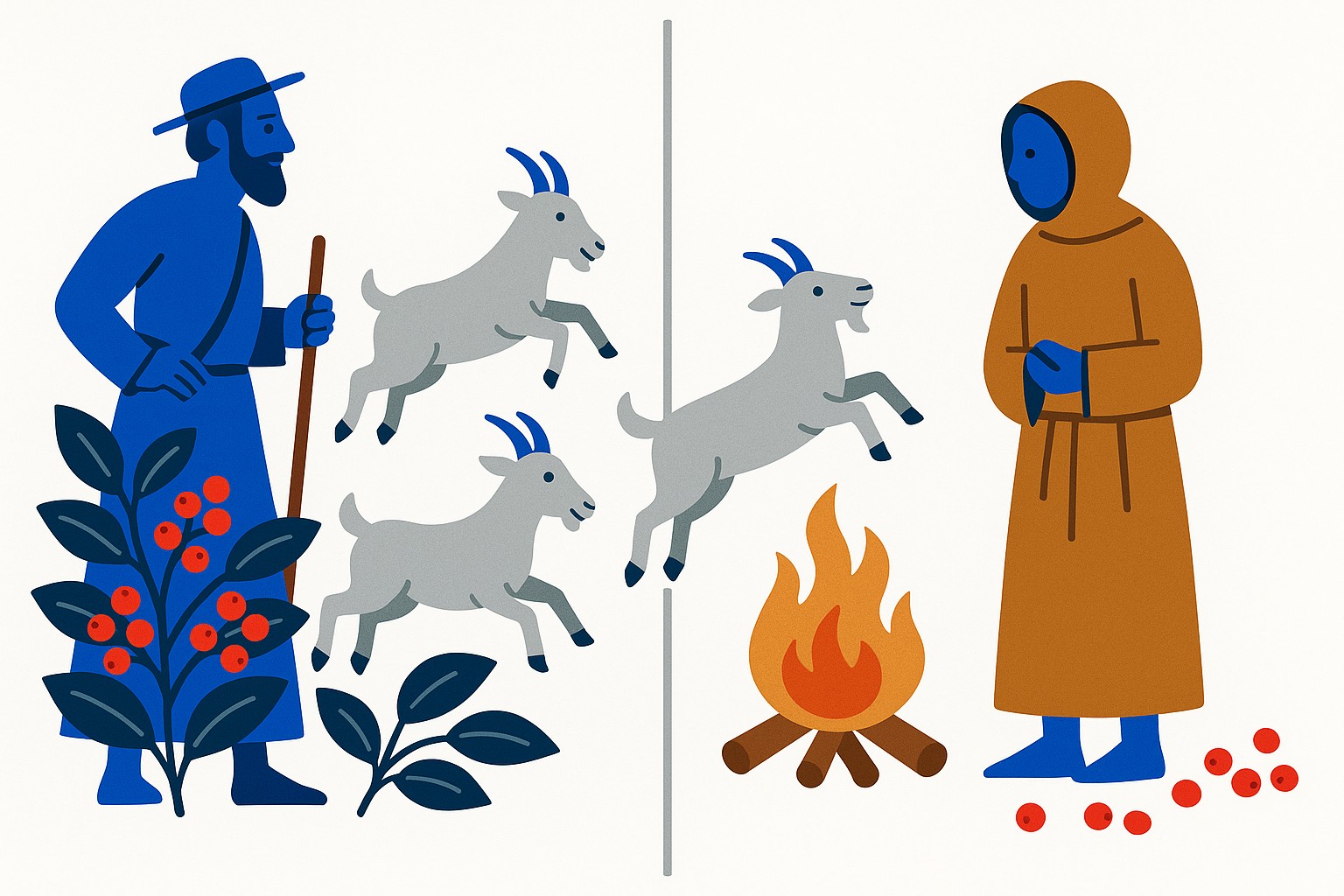 Illustration of a goat beside a small clay coffee pot with rising steam