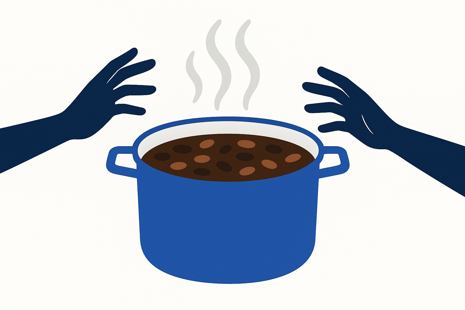 Illustration of a black bean stew pot with a question mark motif above it