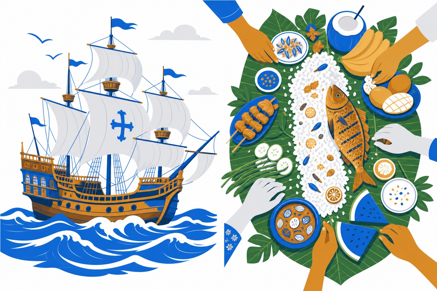 Illustration einer Manilla-Galeone neben einem Kamayan-Festmahl auf Bananenblättern