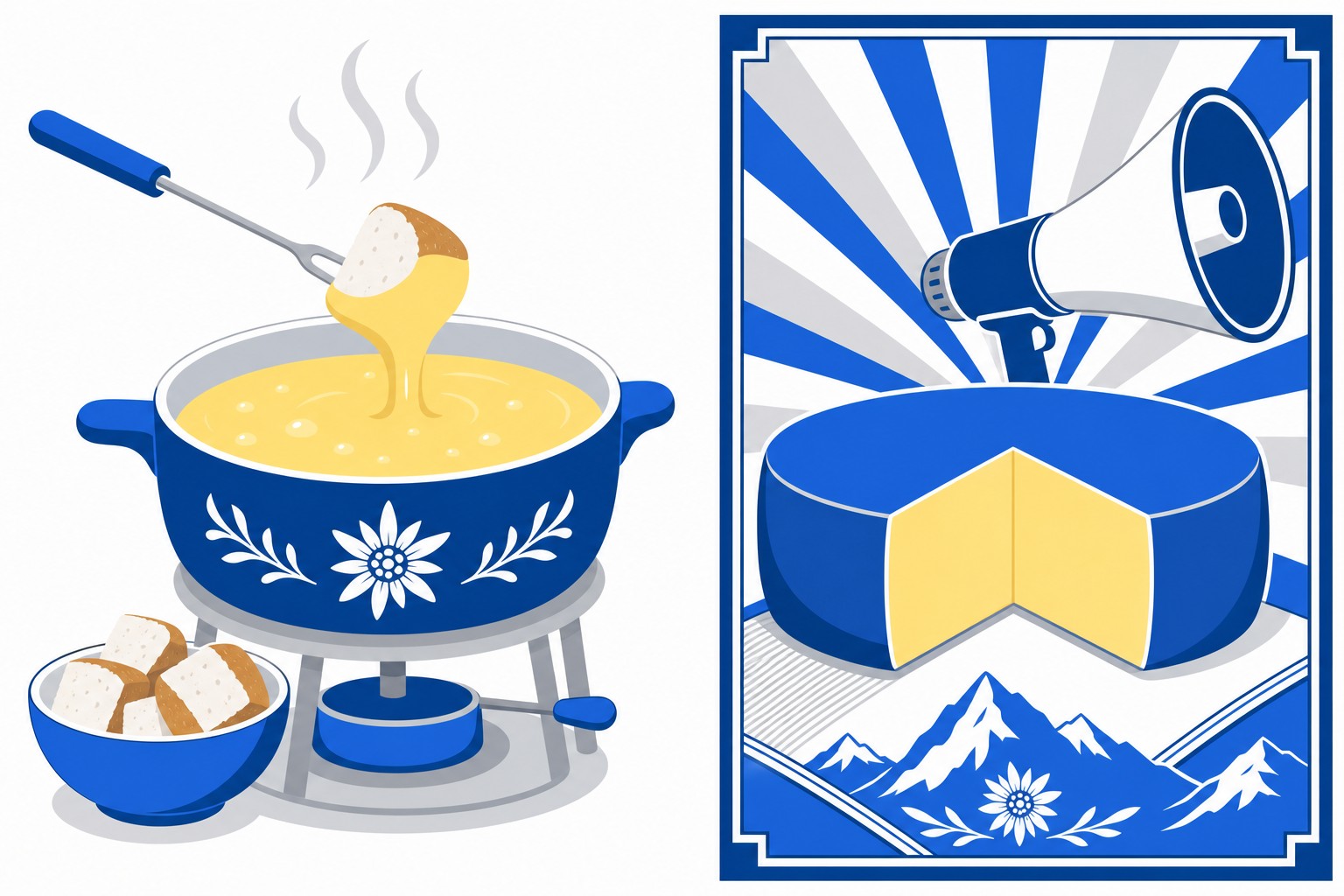 Ein sprudelnder Käsefondue-Topf neben einem Werbeplakat im Vintage-Stil mit einem Käserad und einem Megafon