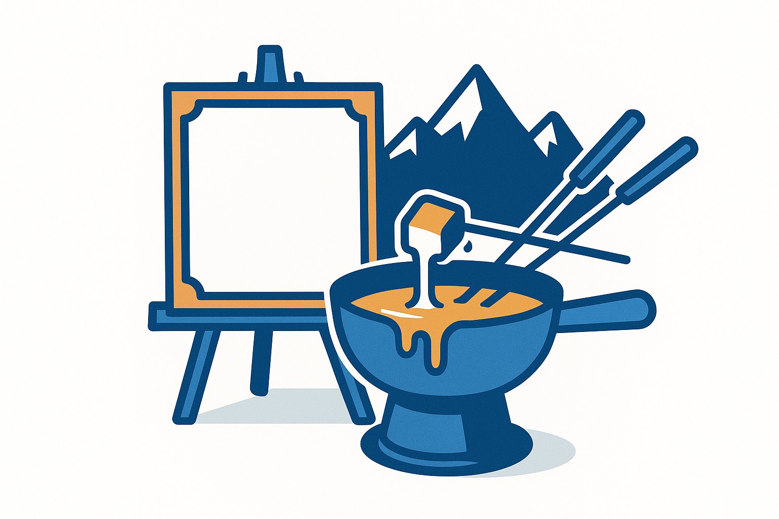 Illustration of a fondue pot and caquelon with a fork of bread, next to a vintage advertising megaphone