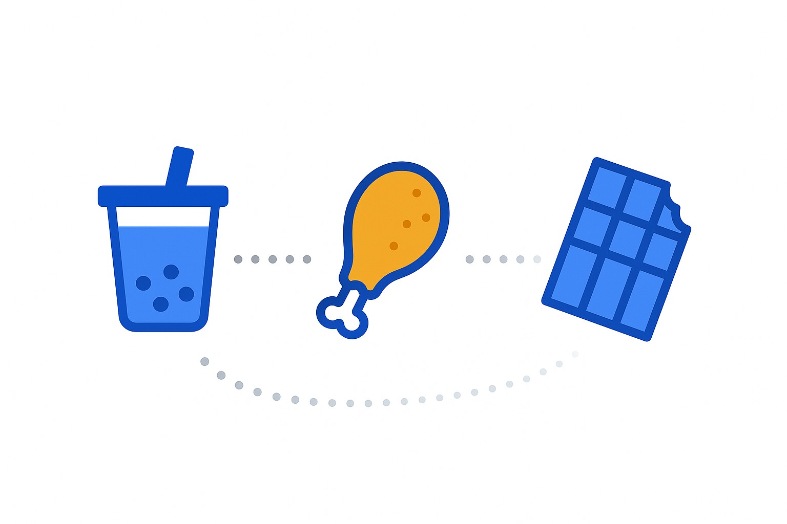 Illustration of a rising and falling trend line with a bubble tea cup and a fried chicken drumstick plotted along it, symbolising the rise and fall of food trends in Europe