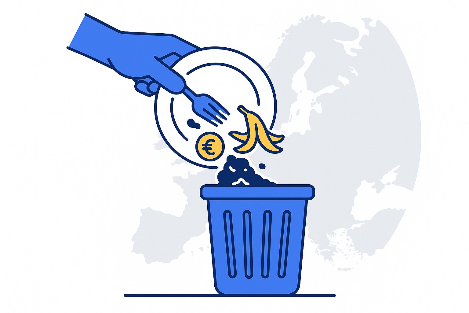 Illustration of a plate with leftover food and a downward trend chart, symbolising the reduction of food waste in Europe