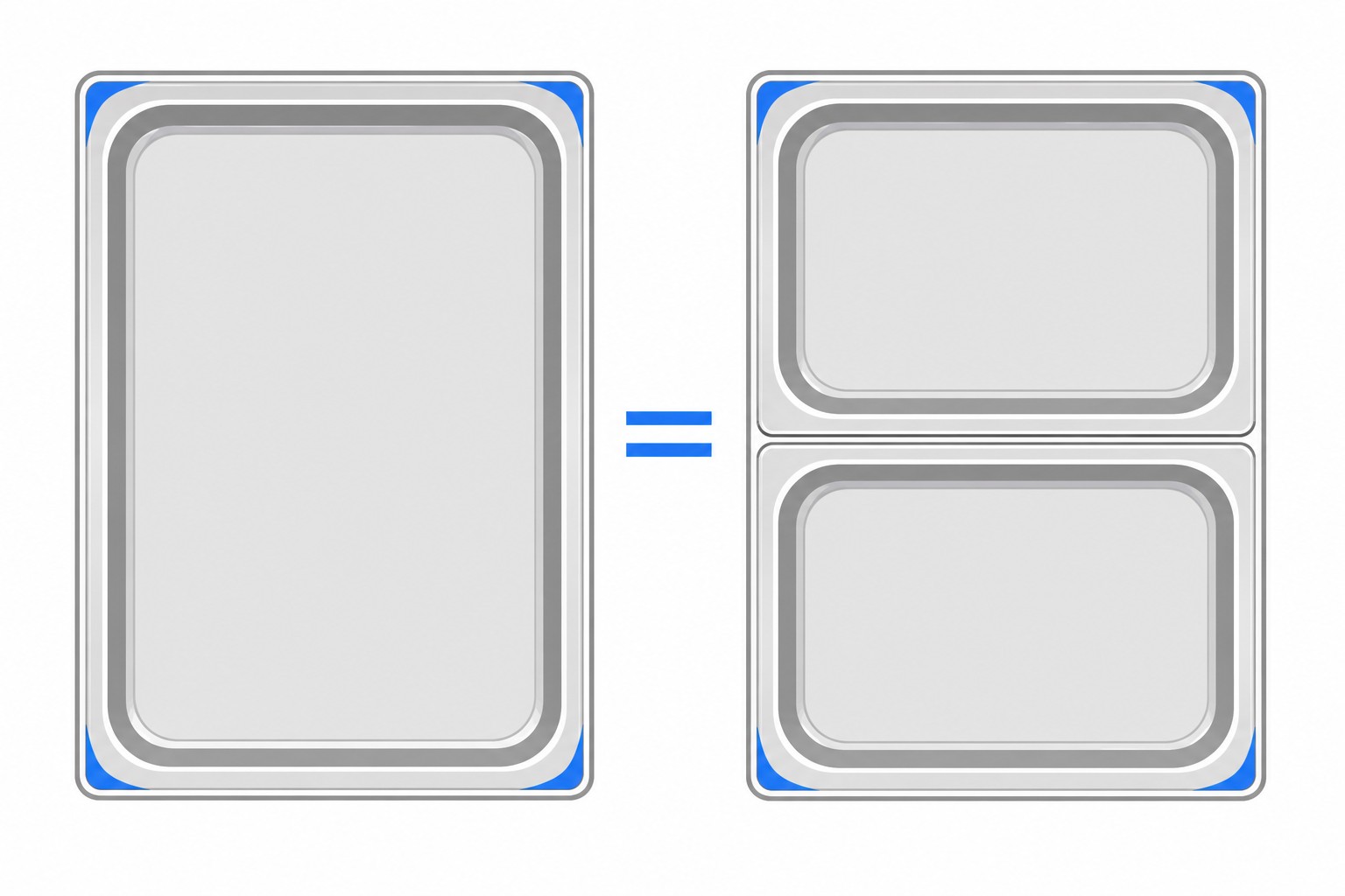 One large rectangular container beside two identical half-size containers matching its exact footprint from above